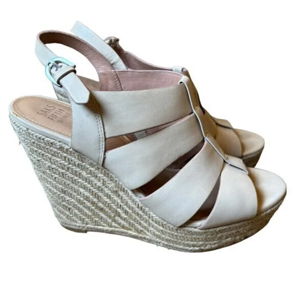 Saks‎ Fifth Avenue Leather Cream Platform Shoes Espadrille Sandals Strappy 10